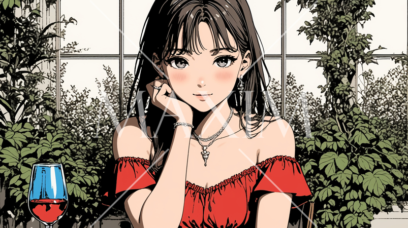 ワインを飲んでいる若い女性：ガーデンテラスのレストランで