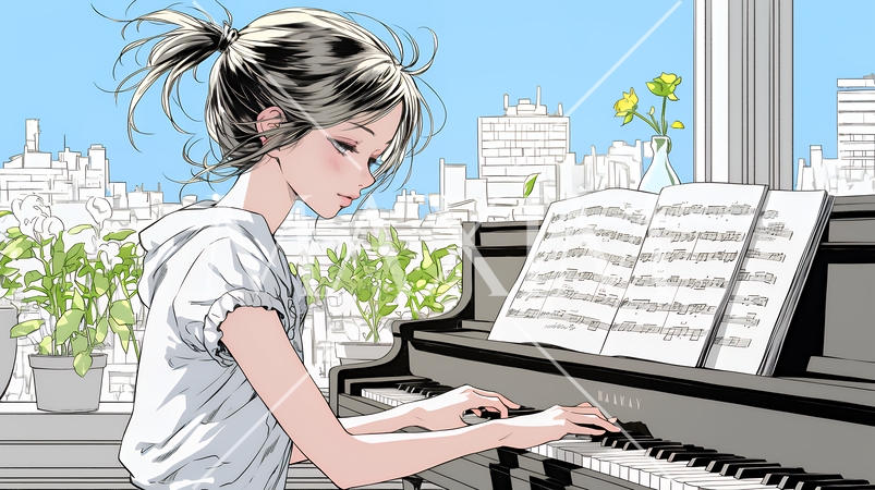 ピアノを弾いている若い女性