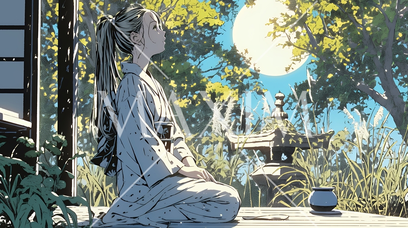 月見をしている和服姿の若い女性