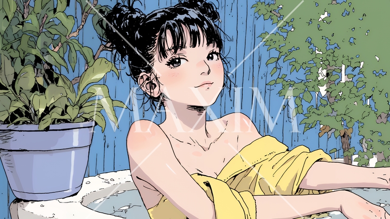 温泉に浸かっている若い女性