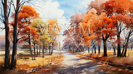 秋の公園：木々が色づいている水彩画（イラストID:6024709-18670）