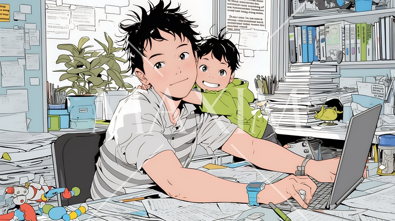 自宅でのリモートワークの場面：子どもが気になって集中できない