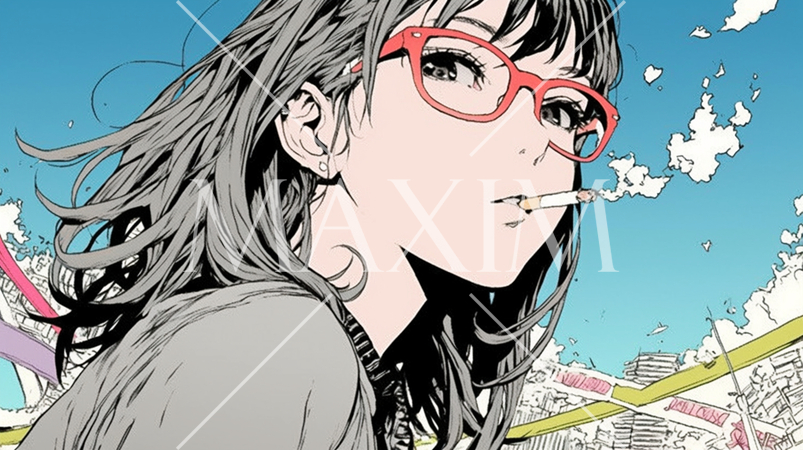 くわえたばこで喫煙している若い女性