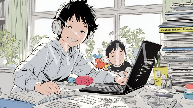 自宅でのリモートワークの場面：子どもが気になって集中できない