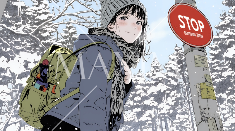 雪の積もる田舎道を歩いている若い女性