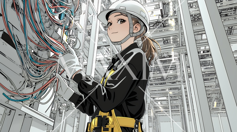 配線工事をしている女性作業員