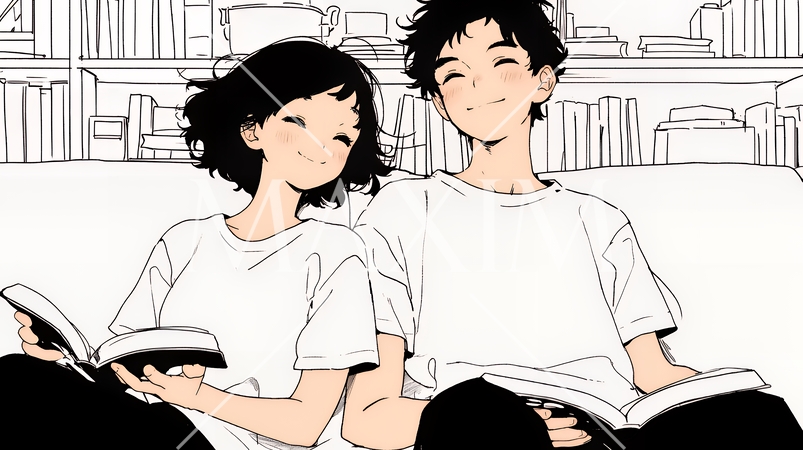 幸せそうなカップル：リビングルームて談笑（シンプルな色使い）