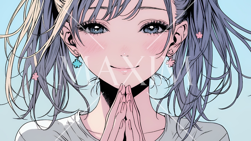 にっこり笑って手を合わせて「お願い」と甘える若い女性