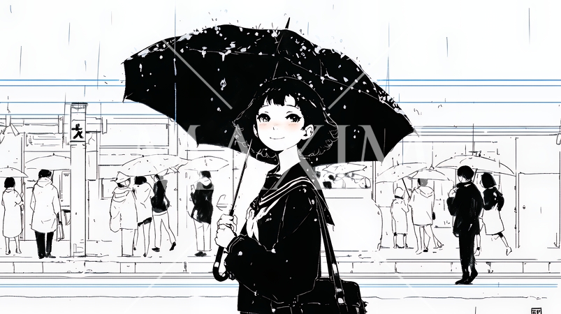 雨の中を歩く女性（シンプルな色使い）