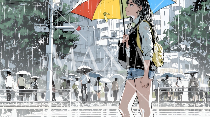 雨の日に傘をさして歩く若い女性