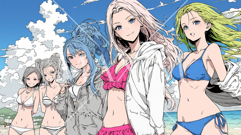 仲の良い友達同士で南国の海岸にビキニ姿でいる若い女性たち