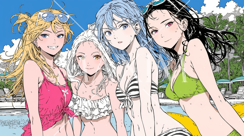 南国のリゾートホテルのプールに女友達といるビキニ姿の若い女性たち