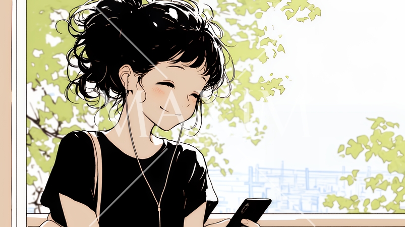 嬉しそうな表情でスマホを使っている女性（シンプルな色使い）