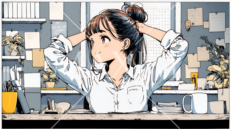 仕事の合間にストレッチ（伸び）をする女性