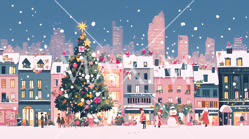 イルミネーションが彩るホワイトクリスマスの都会（ポップでキュートな表現）