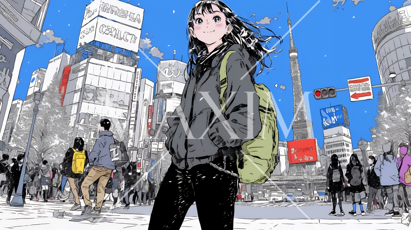 雪の積もる冬の都会を散策している若生女性