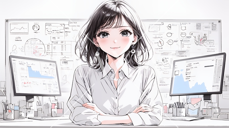 マーケティング・トレーディングデータなどの計量分析を行っている女性（シンプルな色使い）
