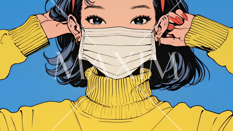 使い捨て不織布マスクをつけた若い女性