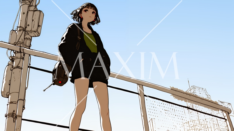 若い女性が佇む都市の街角（シンプルな色使い）