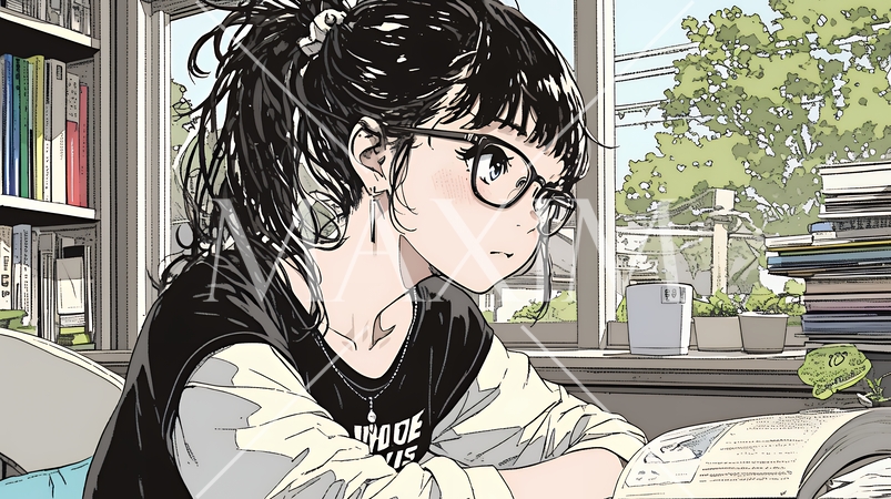 メガネっ娘：いつも勉強や読書やデスクワークをしている