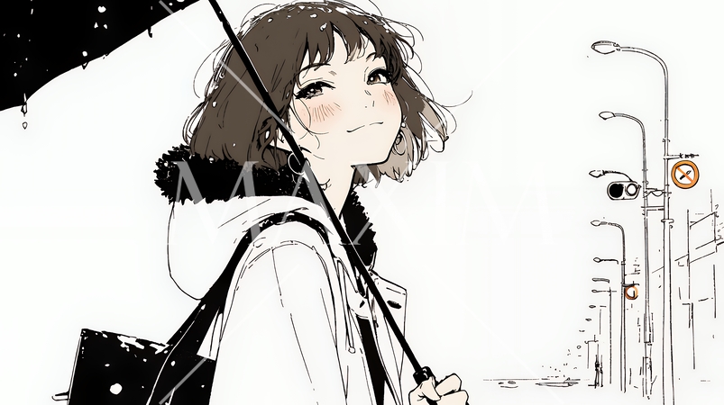 雨の日に傘をさして歩く若い女性（シンプルな色使い）