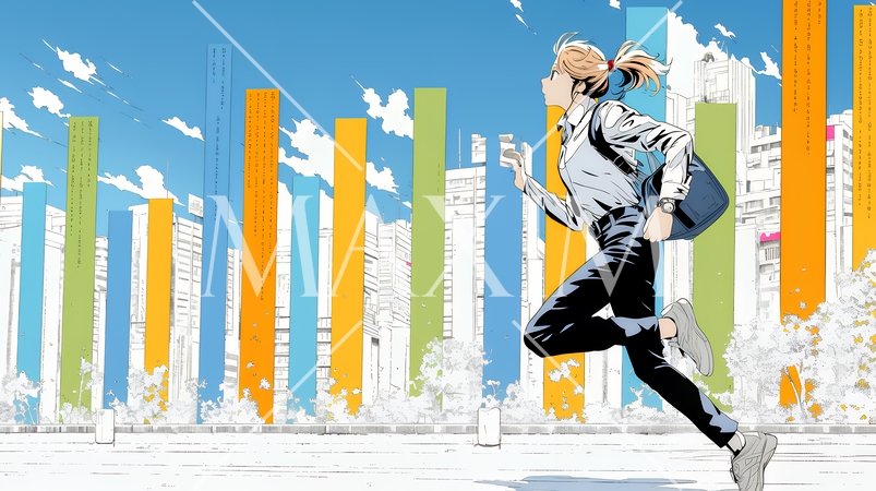 棒グラフの都会の町並みを駆け抜けるビジネスパーソン