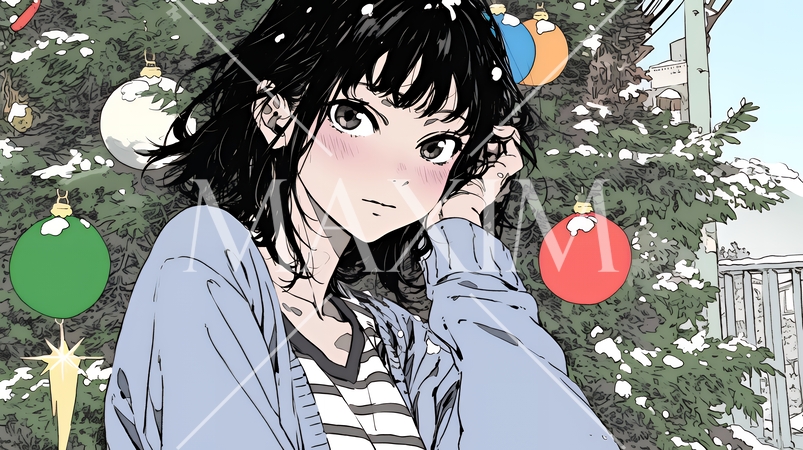 ホワイトクリスマスの街を歩く若い女性