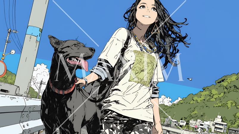 愛犬と散歩している若い女性