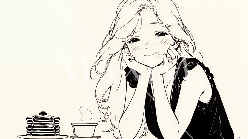 早朝のダイナー（喫茶店）でパンケーキ（モーニングセット）を食べる若い女性（シンプルな色使い）