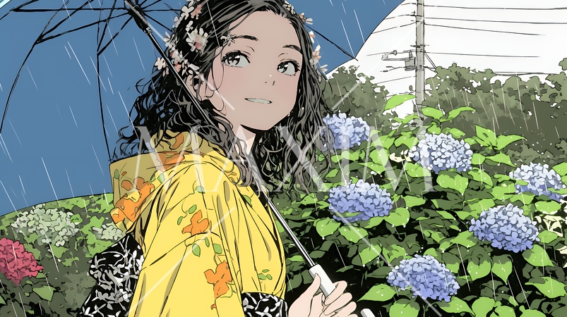 アジサイと梅雨の長雨と若い女性