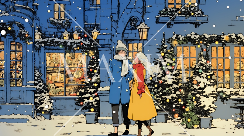 クリスマスイルミネーションの街でデートしているカップル