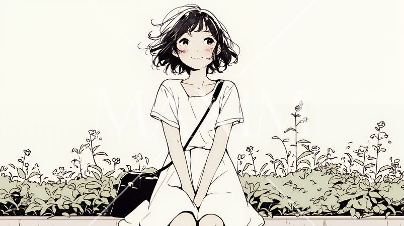 公園のベンチでひとり静かにくつろぐ若い女性（シンプルな色使い）