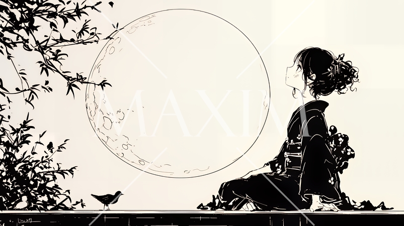 月見をしている和服姿の若い女性（シンプルな色使い）