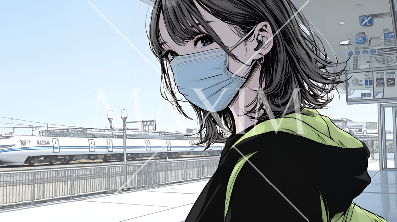 使い捨て不織布マスクをつけた若い女性