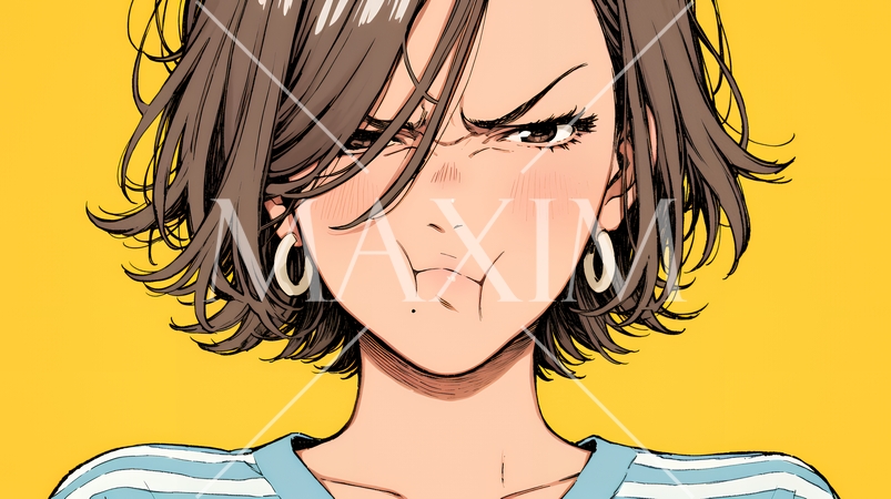 イライラした表情で口をとがらせて舌打ちをしている若い女性