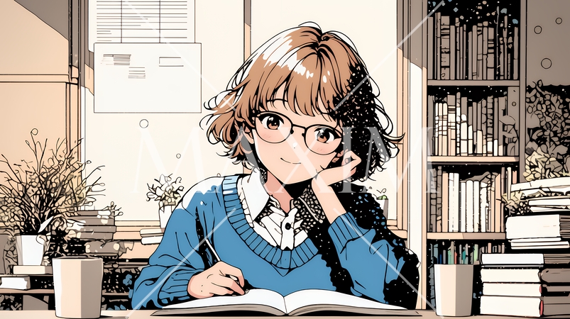 メガネっ娘：いつも勉強や読書やデスクワークをしている