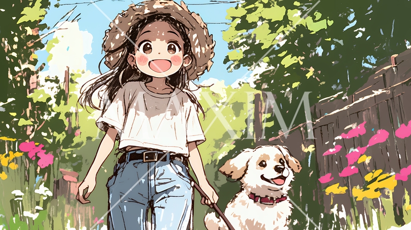 愛犬と散歩をしている女の子（クレヨン＋水彩画風）