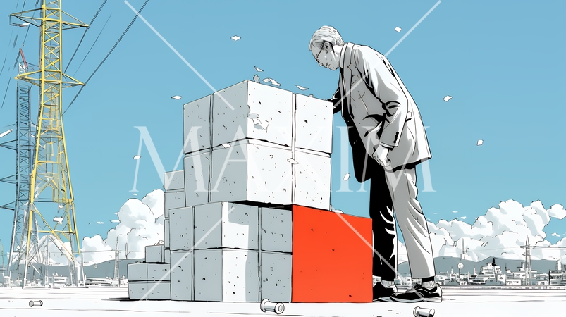 コンクリートブロックを積み上げているビジネスマン：計画の段階的積み重ねの比喩