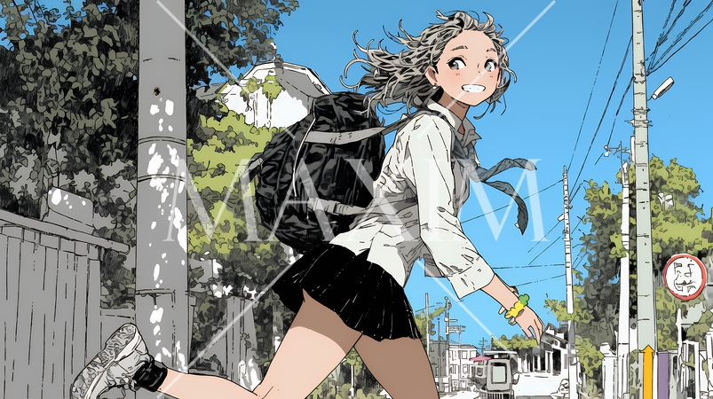 学校に遅れそうで道を急いでいる女子高生