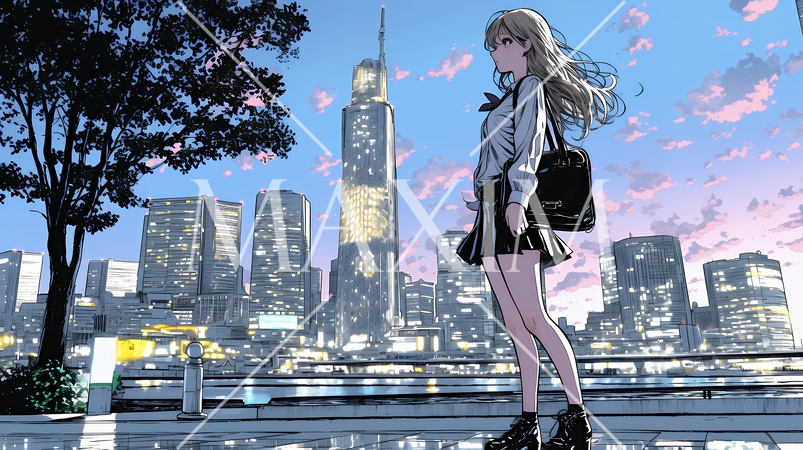 高層ビル群を見下ろすキャリア女性