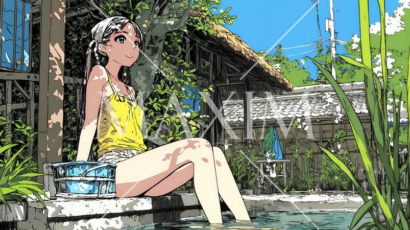 足湯に浸かっている若い女性