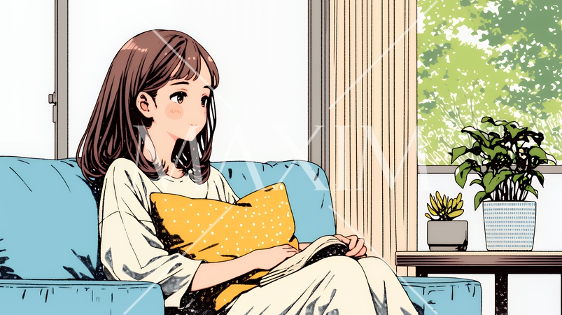 ソファでクッションを抱えてくつろぐ若い女性