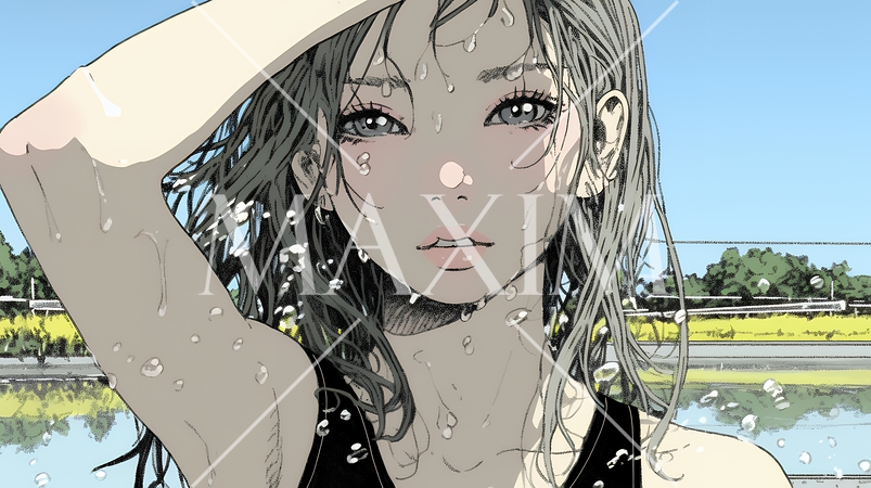 ヘアーシャワーの後の濡れ髪の若い女性