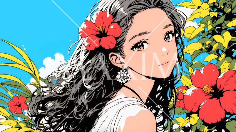 ハイビスカスと若い女性