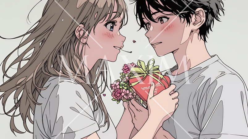 バレンタインディのチョコを男性に渡そうとしている若い女性