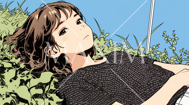 心地よさそうに地面に身を横たえる若い女性