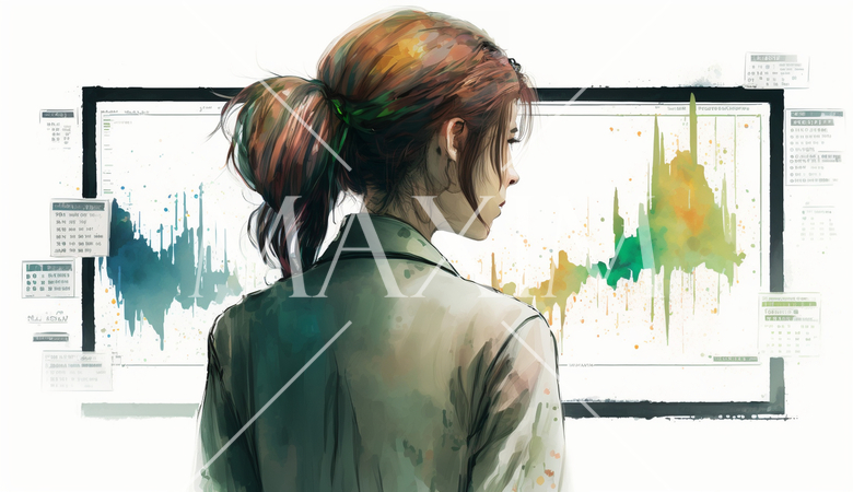 モニターに表示された株価チャートと注文画面を見つめる女性トレーダーの後ろ姿。