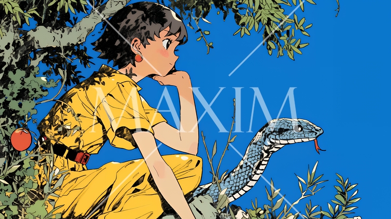 年賀状用：ヘビとなかよしの若い女性