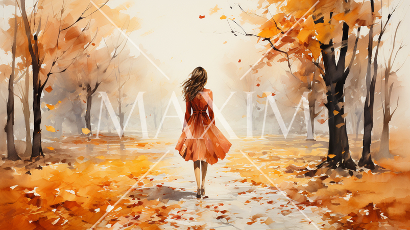 若い女性がいる秋の公園：木々が色づいている水彩画