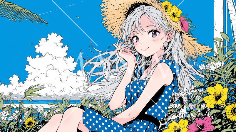 夏の晴天の日、南国の海辺の公園、入道雲をバックに若い女性